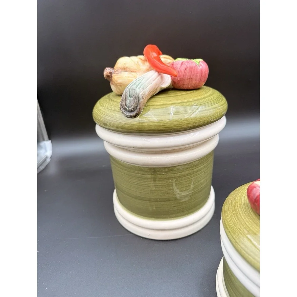 Vintage Set Of 4 Garden Harvest‎ Green Hand Painted Canister with Vegetables